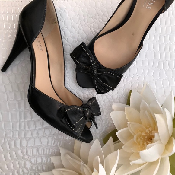 Guess by Marciano Shoes - Guess Black Leather D’Orsay PeepToe Bow Heels EUC